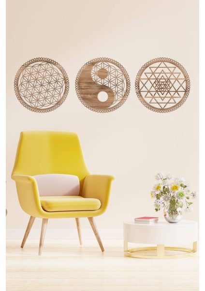 Yin Yang, Yaşam Çiçeğ ve Sri Yantra 3'lü Set Duvar Dekoru Tablo Seti