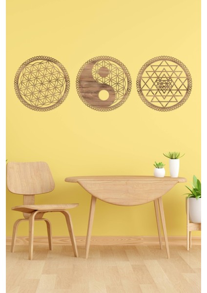 Yin Yang, Yaşam Çiçeğ ve Sri Yantra 3'lü Set Duvar Dekoru Tablo Seti