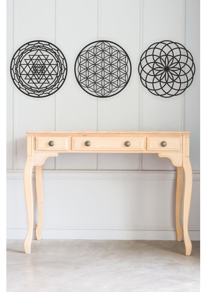 3'lü Kutsal Geometri Yaşam Çiçeği Sri Yantra Mandala ve Torus Duvar Dekoru,ahşap Dekoratif Tablo