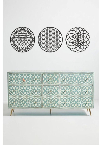 3'lü Kutsal Geometri Yaşam Çiçeği Sri Yantra Mandala ve Torus Duvar Dekoru,ahşap Dekoratif Tablo