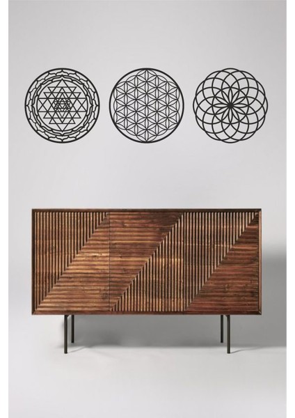 3'lü Kutsal Geometri Yaşam Çiçeği Sri Yantra Mandala ve Torus Duvar Dekoru,ahşap Dekoratif Tablo