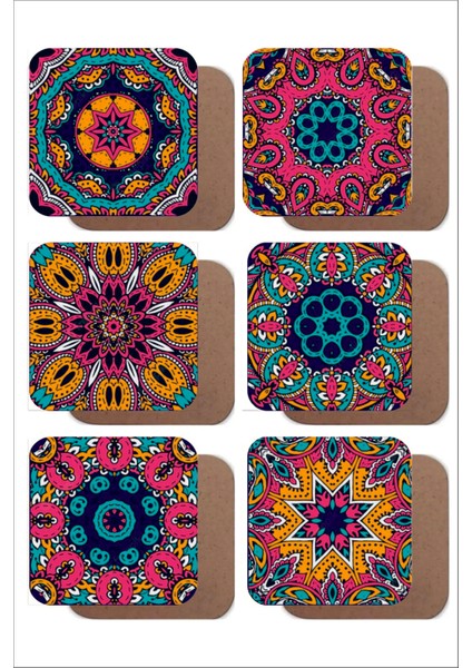 Mandala Temalı Vintage 6'lı Ahşap Bardak Altlığı Seti