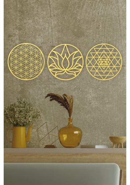 Kutsal Geometri 3'l Ü Set Sri Yantra, Lotus Çiçeği, Yaşam Çiçeği Duvar Dekoru, Tablo