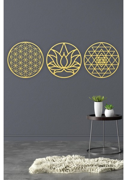 Kutsal Geometri 3'l Ü Set Sri Yantra, Lotus Çiçeği, Yaşam Çiçeği Duvar Dekoru, Tablo