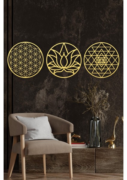 Kutsal Geometri 3'l Ü Set Sri Yantra, Lotus Çiçeği, Yaşam Çiçeği Duvar Dekoru, Tablo