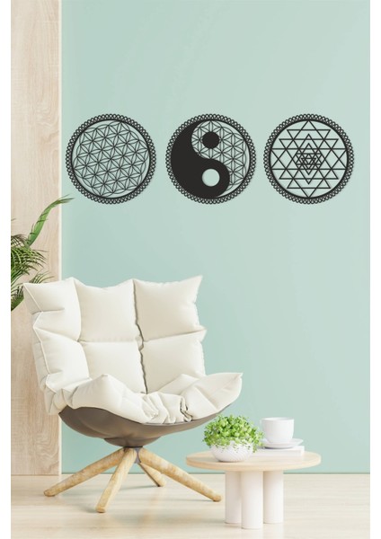 Yaşam Çiçeği, Yin Yang ve Sri Yantra 3'lü Set Duvar Dekoru Tablo Seti