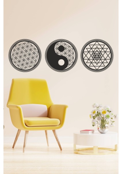 Yaşam Çiçeği, Yin Yang ve Sri Yantra 3'lü Set Duvar Dekoru Tablo Seti