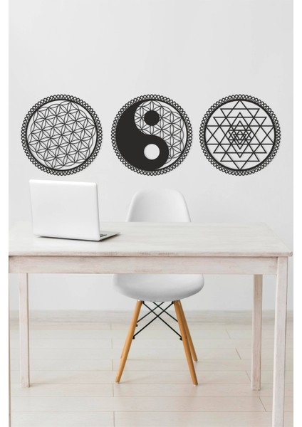 Yaşam Çiçeği, Yin Yang ve Sri Yantra 3'lü Set Duvar Dekoru Tablo Seti