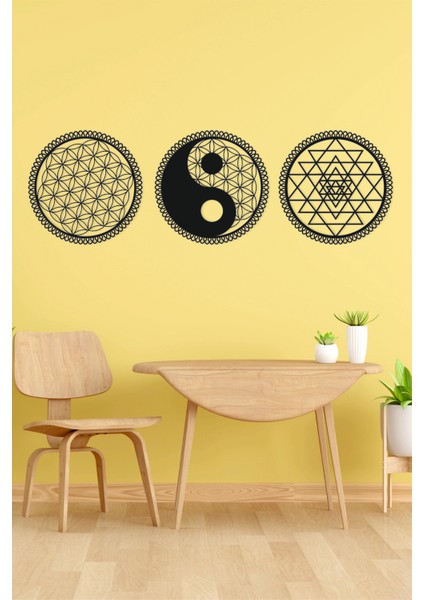 Yaşam Çiçeği, Yin Yang ve Sri Yantra 3'lü Set Duvar Dekoru Tablo Seti