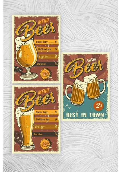 Retro / Vintage 3 Lü Beer Tablo Seti
