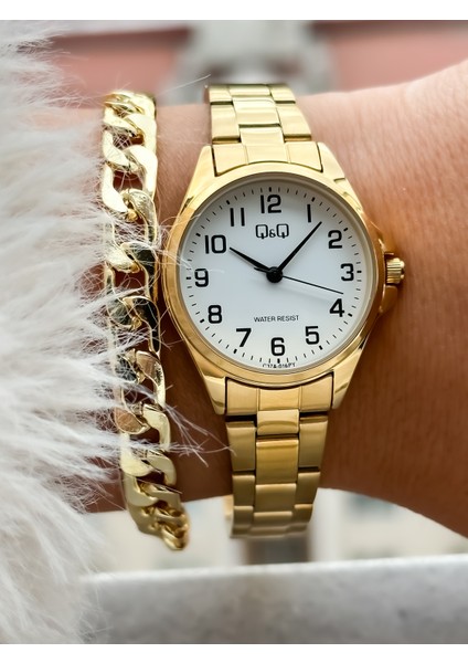 Sarı Renk, Çelik Kordon, Rakamlı Kadın Kol Saati+Bileklik