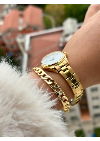 Sarı Renk, Çelik Kordon, Rakamlı Kadın Kol Saati+Bileklik indirimleri