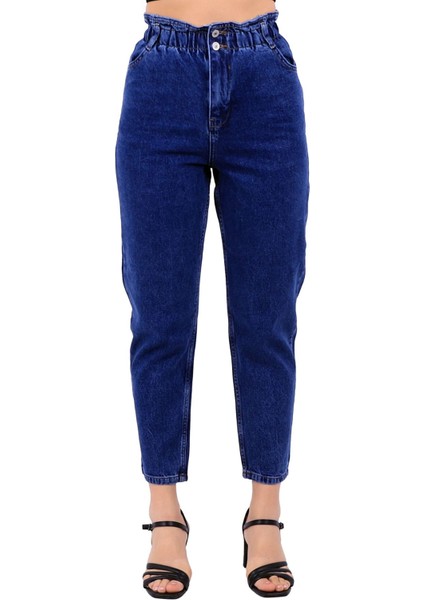 Yüksek Bel Lastikli Cepli Astarsız Kadın Kot Pantolon Jean Koyu Mavi Denim