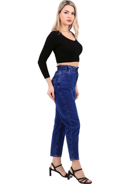 Yüksek Bel Lastikli Cepli Astarsız Kadın Kot Pantolon Jean Koyu Mavi Denim