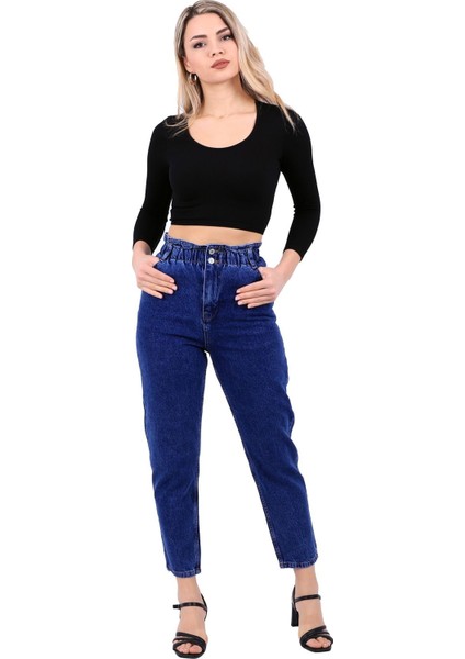 Yüksek Bel Lastikli Cepli Astarsız Kadın Kot Pantolon Jean Koyu Mavi Denim
