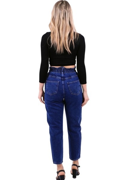 Yüksek Bel Lastikli Cepli Astarsız Kadın Kot Pantolon Jean Koyu Mavi Denim