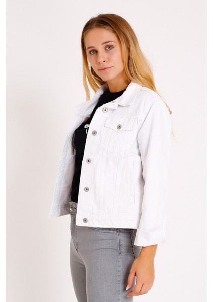 Klasik Yakalı ve Cepli Astarsız Uzun Kollu Kadın Kot Kısa Ceket Denim Sonbahar Kış Ilkbahar Beyaz fırsatları