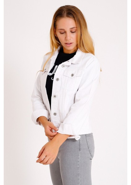 Klasik Yakalı ve Cepli Astarsız Uzun Kollu Kadın Kot Kısa Ceket Denim Sonbahar Kış Ilkbahar Beyaz indirimleri