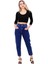 Yüksek Bel Lastikli Cepli Astarsız Kadın Kot Pantolon Jean Koyu Mavi Denim 4