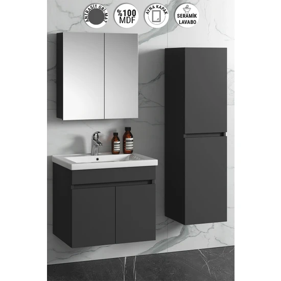 Özceden Aynalı Boy Dolaplı Banyo Dolabı Takımı 65+35 cm Seramik Lavabolu Komple Mdf