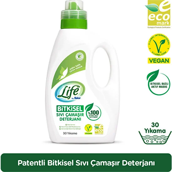 Life by Fakir %100 Bitkisel Bazlı Vegan Sıvı Çamaşır Deterjanı 1500 ml (30 Yıkama)(Renkli ve Beyazlar İçin)