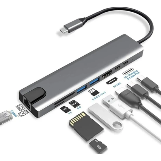 Blue Wings Macbook Pro Air USB Type-C Hub Dönüştürücü Çevirici Çoklayıcı USB Hdmı Micro Sd 8 Girişli RJ8I1NEW 8 In