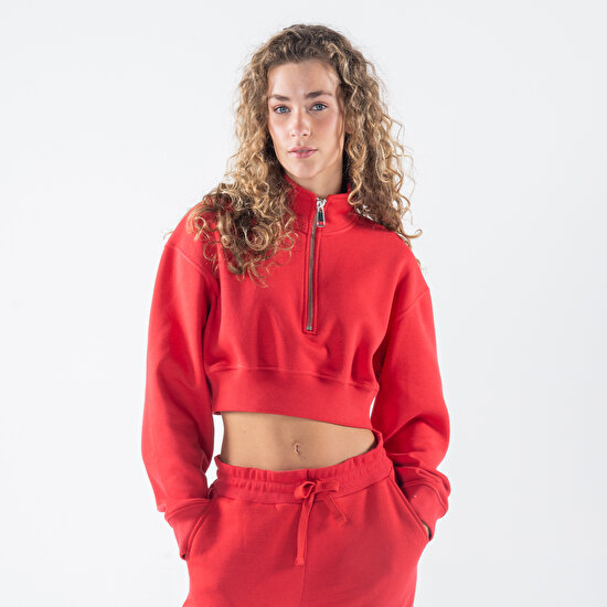 Friday Offset James Kadın Kırmızı Dik Yaka Oversize Yarı Fermuarlı Crop Sweatshirt
