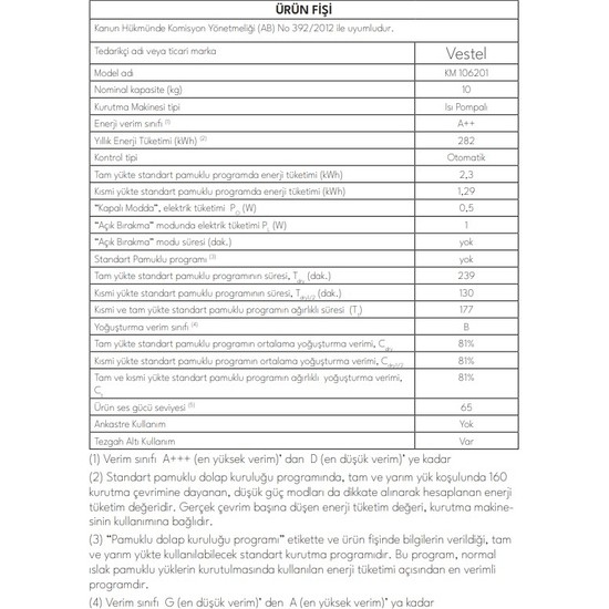 Vestel KM 106201 10 Kg Kurutma Makinesi Fiyatı
