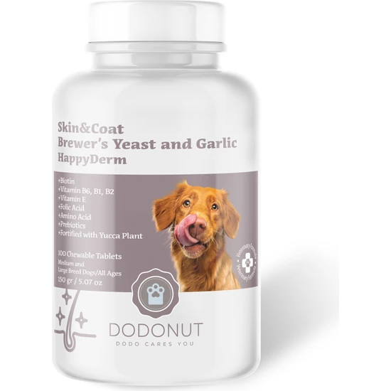 Dodonut HappyDerm Büyük Ve Orta Irk Köpekler Biotin Katkılı Deri Ve Tüy Sağlığı Besin Takviyesi, 100 Tablet