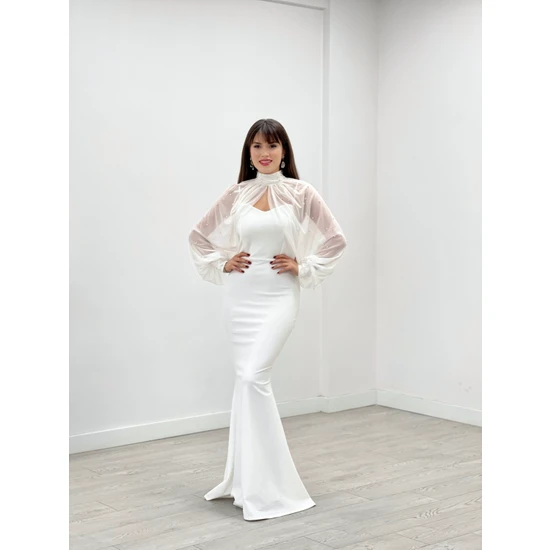 giyimmasalı Krep Kumaş İnci Bolero Detaylı Balık Elbise Beyaz