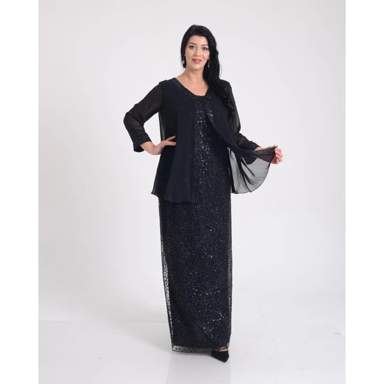 Lilas Xxl Büyük Beden Siyah Renkli Glitter Baskı Dantelli Şifon Ceketli Uzun Abiye Elbise