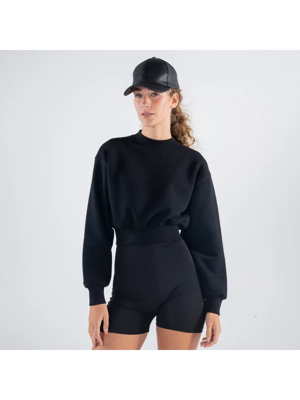 Friday Offset Monica Kadın Siyah Oversize Bisiklet Yaka Crop Sweatshirt