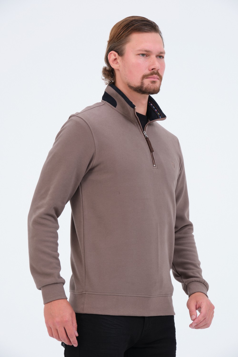 Msw Gri Fermuarlı Regular Fit Süet Detaylı Uzun Kollu Erkek Selanik Sweatshirt