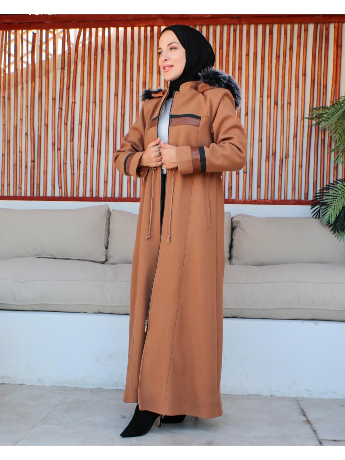 KMK Kombin Kmkkombin Kadın Tam Boy Büyükbeden Deri Detaylı Kaşe Kaban Özaltay - Görsel 5