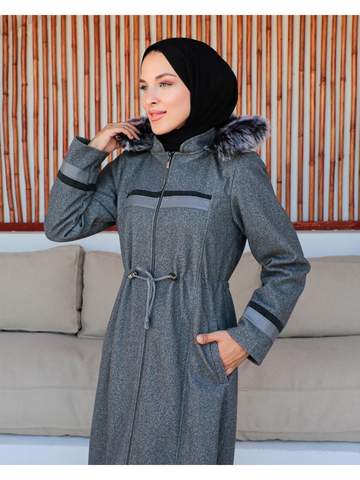 KMK Kombin Kmkkombin Kadın Tam Boy Büyükbeden Deri Detaylı Kaşe Kaban Özaltay - Görsel 4