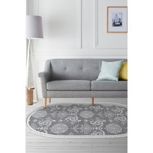 Dekoreko Dijital Salon Halısı Star Pamuk Kaymaz Taban Saçaklı Oval Modern Queta Gri