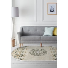 Dekoreko Dijital Salon Halısı Trend Keçe Kaymaz Taban Saçaklı Oval Modern Demetria  Bej