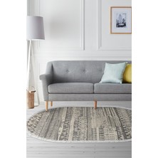 Dekoreko Dijital Salon Halısı Trend Keçe Kaymaz Taban Saçaklı Oval Iskandinav Ysabel Gri