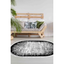 Dekoreko Dijital Salon Halısı Trend Keçe Kaymaz Taban Saçaklı Oval Modern Evelina  Siyah