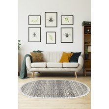 Dekoreko Dijital Salon Halısı Trend Keçe Kaymaz Taban Saçaklı Oval Iskandinav Liz Gri