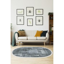 Dekoreko Dijital Salon Halısı Trend Keçe Kaymaz Taban Saçaklı Oval Iskandinav Page Mavi