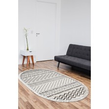 Dekoreko Dijital Salon Halısı Trend Keçe Kaymaz Taban Saçaklı Oval Iskandinav Cade Bej