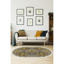 Dekoreko Dijital Salon Halısı Trend Keçe Kaymaz Taban Saçaklı Oval Modern Osana Sarı