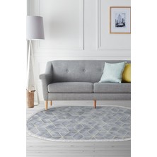 Dekoreko Dijital Salon Halısı Trend Keçe Kaymaz Taban Saçaklı Oval Modern Hope Mavi