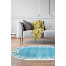 Dekoreko Dijital Salon Halısı Trend Keçe Kaymaz Taban Saçaklı Oval Modern Sequoia Mavi