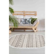 Dekoreko Dijital Salon Halısı Trend Keçe Kaymaz Taban Saçaklı Oval Iskandinav Mali Açık Kahve