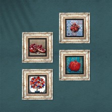 Pinecone Nar Ağacı, Nar Taş Duvar Tablosu Çerçeveli Duvar Dekoru 4 Parça Tablo Seti Wall Art T4-18