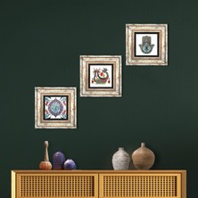 Pinecone Stone Şahmeran, Çini Sanatı, Fatma Ana Eli (Hamsa) Çerçeveli Taş Duvar Tablosu 3’lü Set - Dekoratif Modern Sanat, Ev ve Ofis Dekoru |TK3-29|