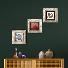 Pinecone Stone Şahmeran, Nar, Çini Sanatı Çerçeveli Taş Duvar Tablosu 3’lü Set - Dekoratif Modern Sanat, Ev ve Ofis Dekoru |TK3-30|