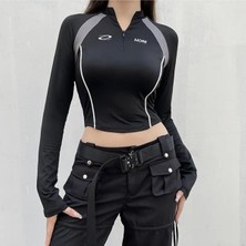 Deef Wear Y2K Harajuku Fermuar Detay Uzun Kol Crop Top